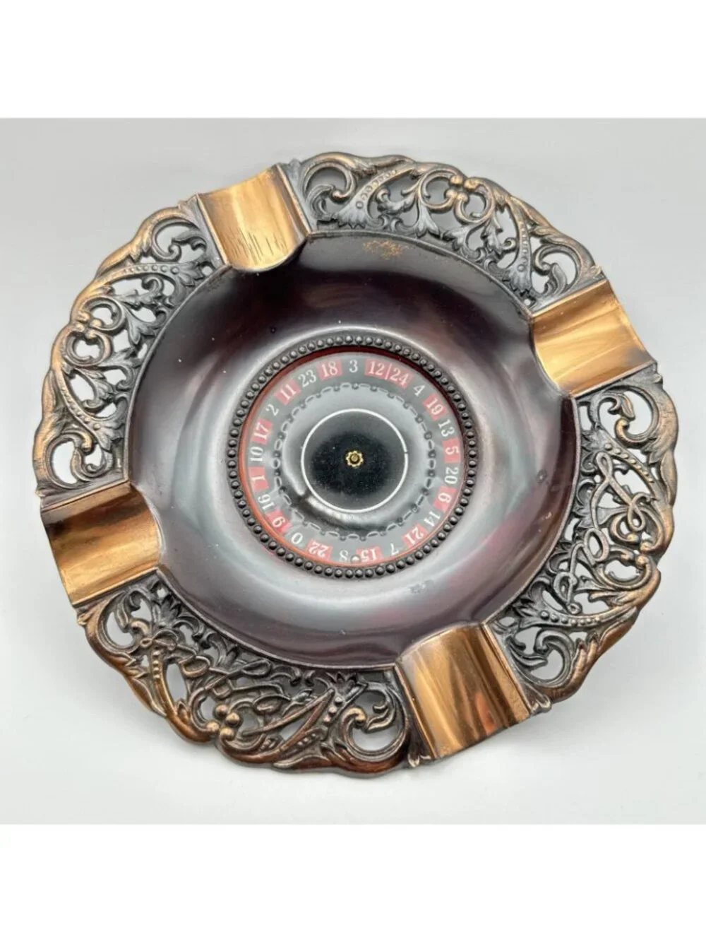 Vintage Las Vegas Nevada Roulette Wheel Spinning Ashtray Copper Filigree Japan